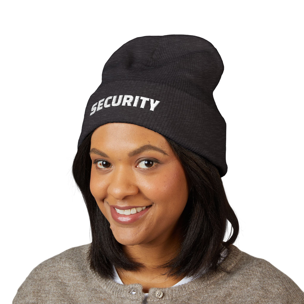 Security Embroidered Cuffed Beanie — Classic Black Knit Hat